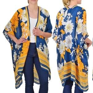 Save The Ocean Women’s Woven Kimono Floral Stripe Print Blue Swim Cover Up